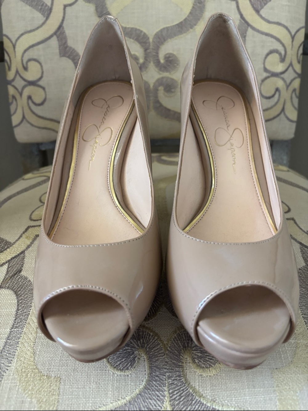Jessica Simpson Beige Patent Peep-Toe Pumps